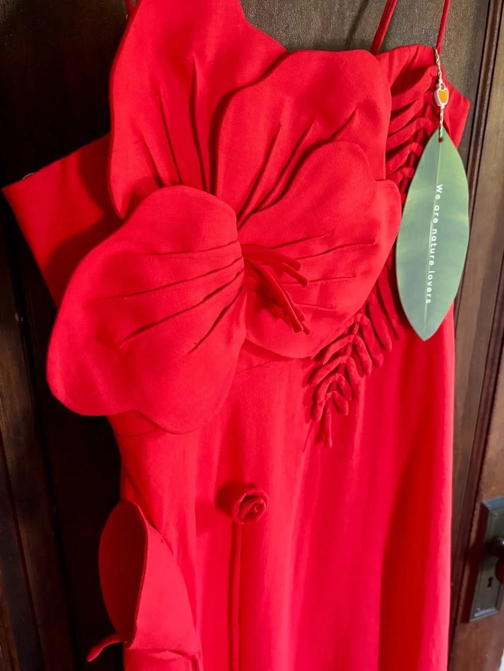 NWT - FARM Rio Garden Appliqué Linen Blend Midi Dress Red - Size: Medium - Picture 3 of 11